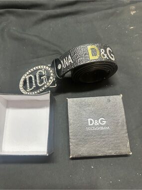 D&G Dolce & Gabbana Black Logo Belt with Crystal Buckle-#559
